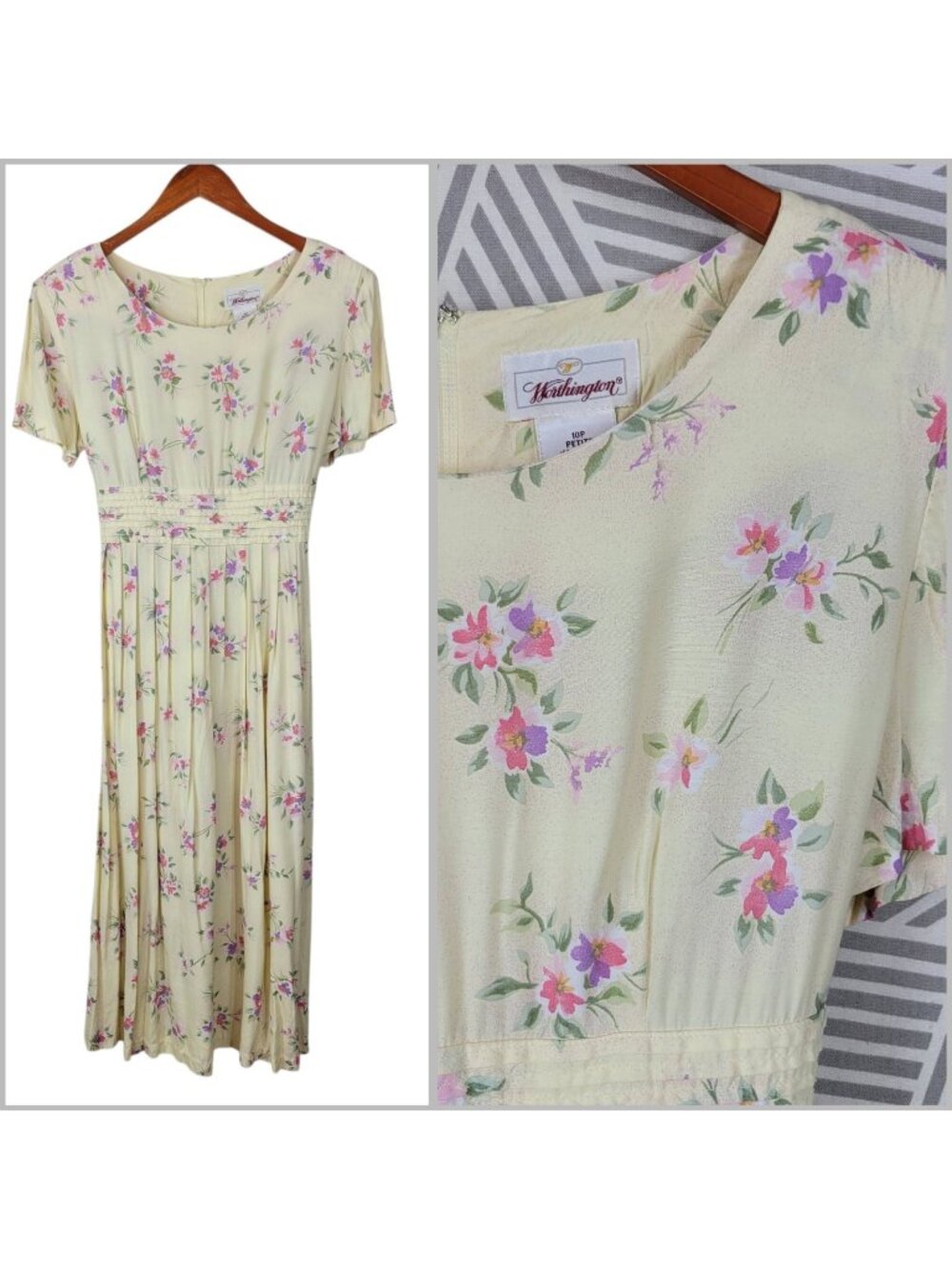 Vintage Shirt Dress 10 Petite Cottagecore Floral Midi Yellow Tie Waist Midi